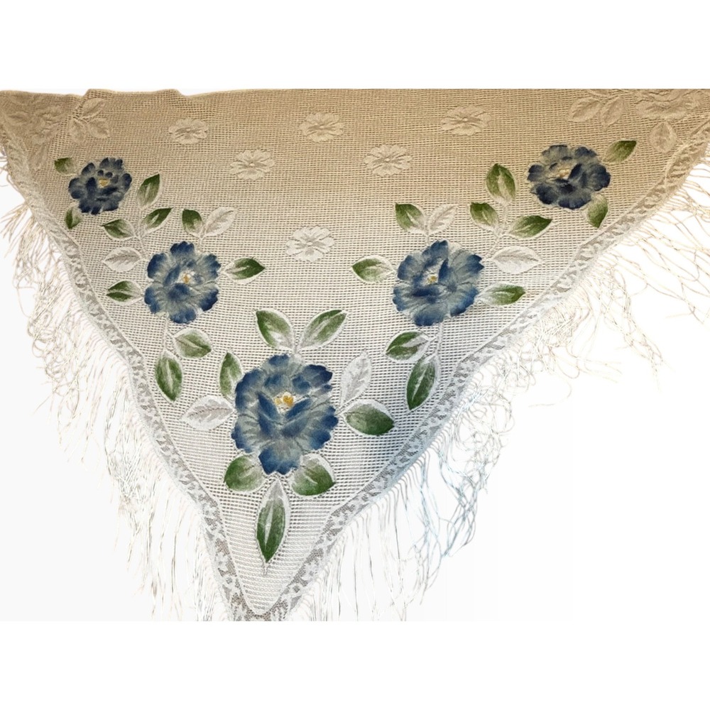 Vintage Floral Lace Fringe Shawl Blue White Triangle Wrap Japan Boho